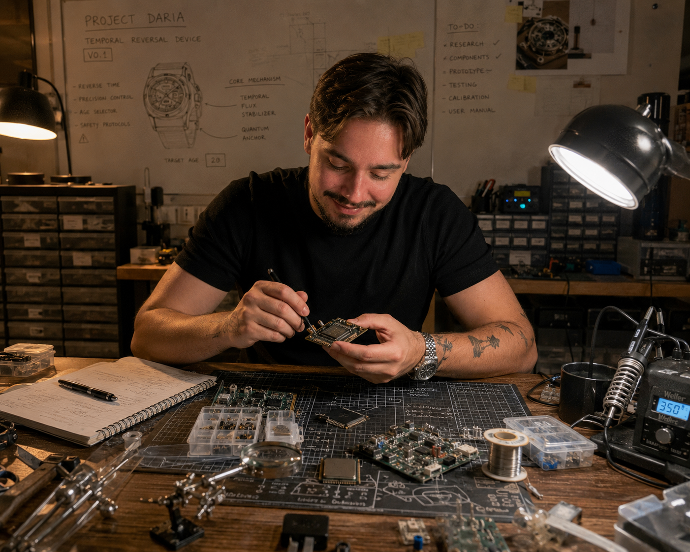 Engineer inspecting a circuit board at the Project DARIA workbench
